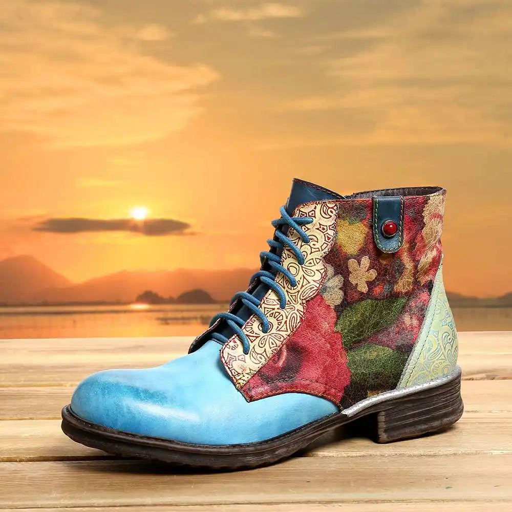 SOCOFY/Botas Mujer; ботинки с цветочным узором из натуральной кожи на молнии; короткие ботинки на плоской подошве со шнуровкой; женская обувь; женская зимняя обувь