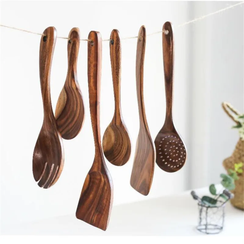 

Thailand Teak Natural Wood Tableware Spoon Ladle Turner Long Rice Colander Soup Skimmer Cooking Spoons Scoop Kitchen Tools Set
