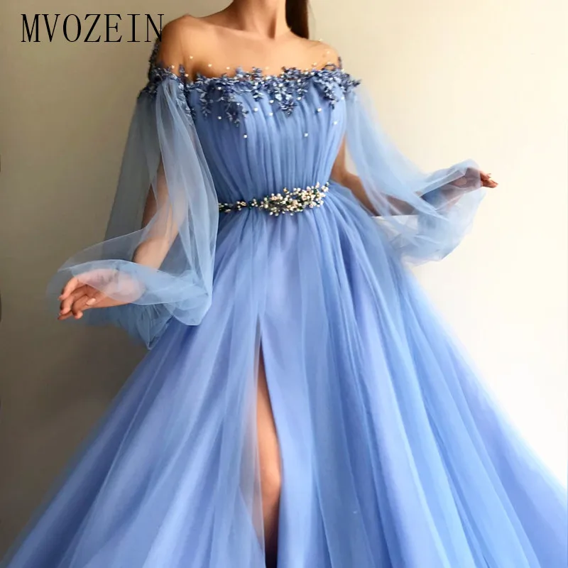 Vestidos небесно-голубое вечернее платье блестящее ТРАПЕЦИЕВИДНОЕ ПЛАТЬЕ с круглым вырезом и длинными рукавами прозрачные вечерние платья с разрезом длинные официальные платья