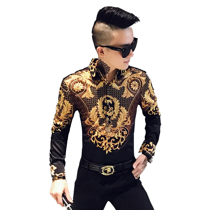 Роскошная Черная Золотая рубашка с принтом, Королевский мужской смокинг, модная мужская Клубная одежда с длинными рукавами, тонкая уличная одежда, рубашка, Homme M-3XL