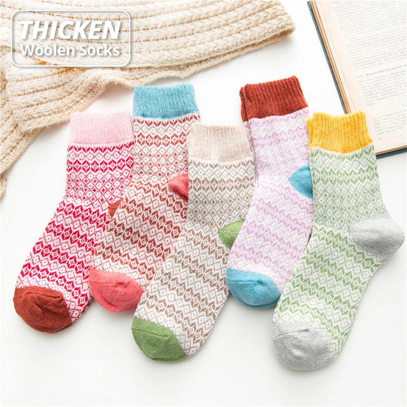 HSS Brand Thicken Women Winter Socks Warm Rabbit Wool Girl's Sox High Quality Cotton Casual Harajuku Stars Pattern socks 5Pairs