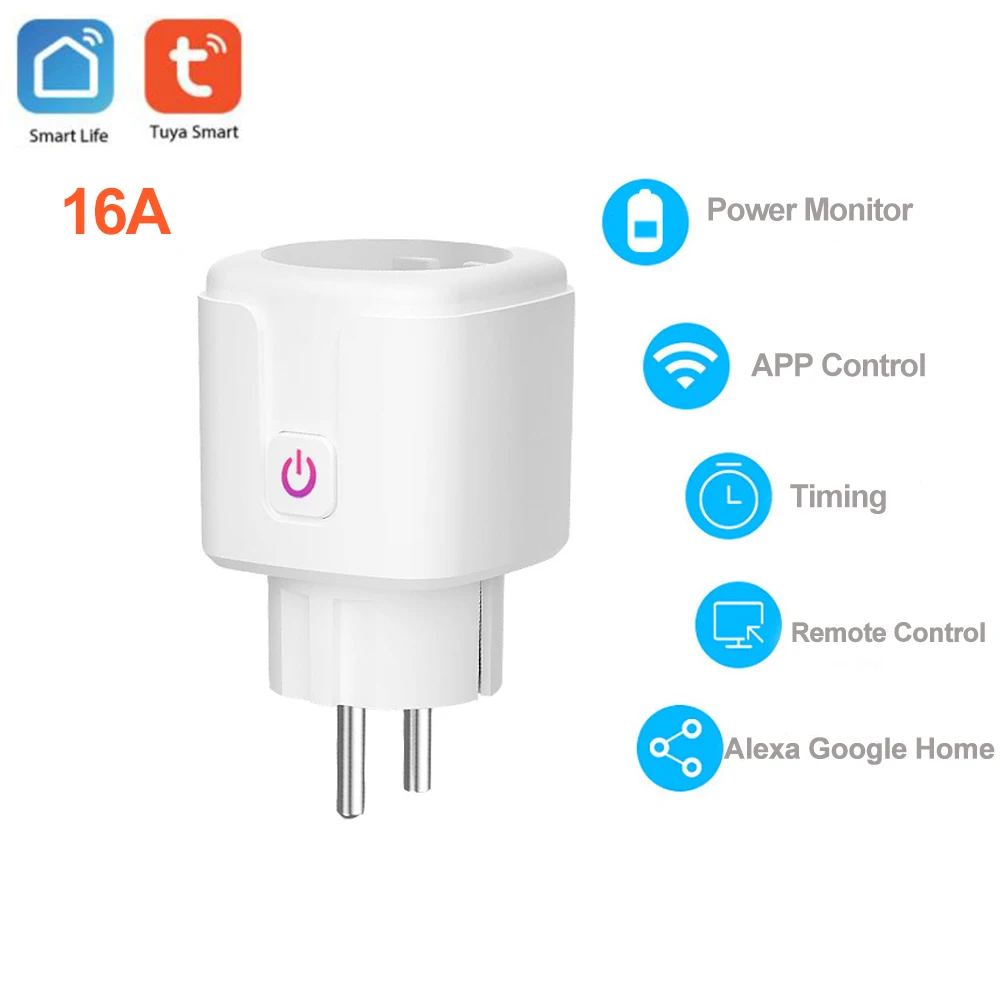 Compra 16A UE Tuya alimentación Wifi inteligente enchufe con Monitor de potencia inteligente Wifi en casa inalámbrica enchufe a través de vida inteligente APP funciona con Alexa GmJmz959B