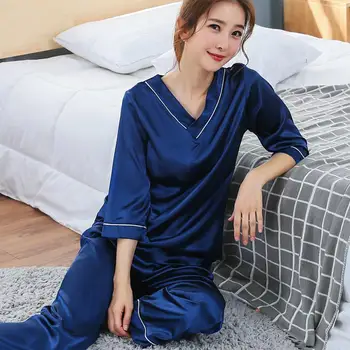 

MISSKY New Women Pajama Sets Solid Color Sexy Summer V Collar Thin Medium Sleeve Simulation Silk Homewear Set Female Sleepwear