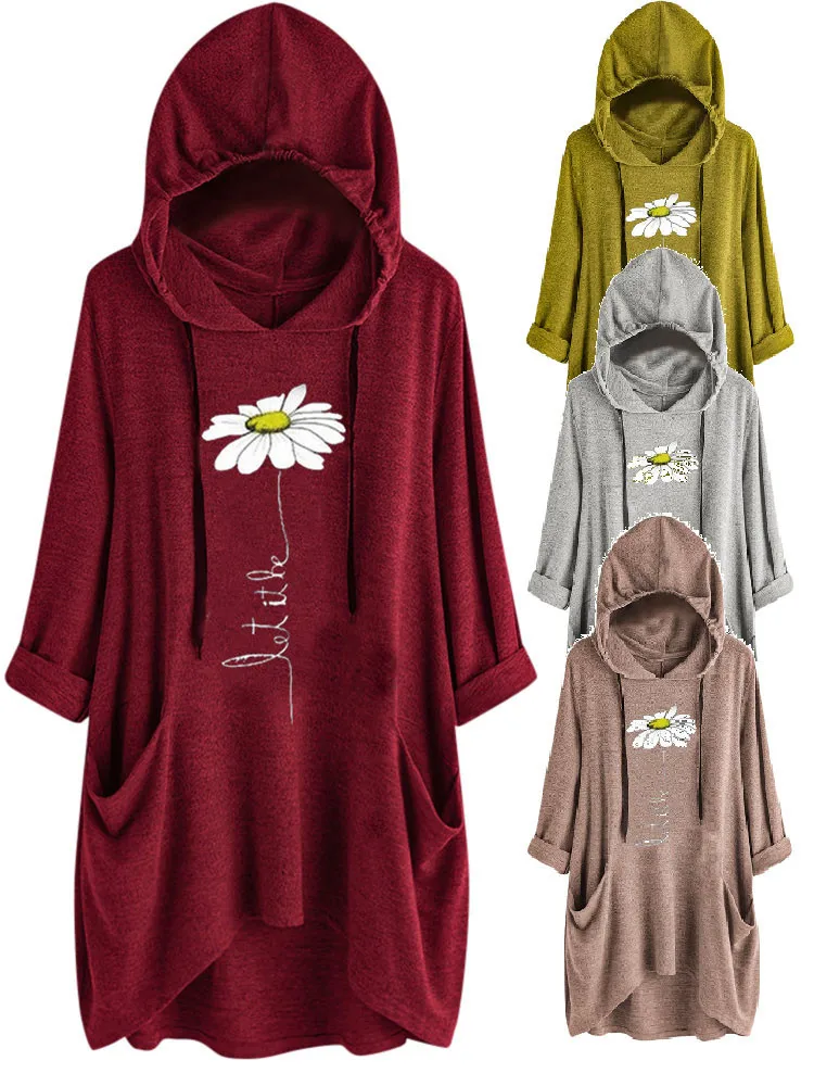 Plus Size 5xl Women Casual Hoodies Print Hooded Long Sleeves Roll Up Sleeve Pockets Irregular Top Blouse Shirts Feminine#J30