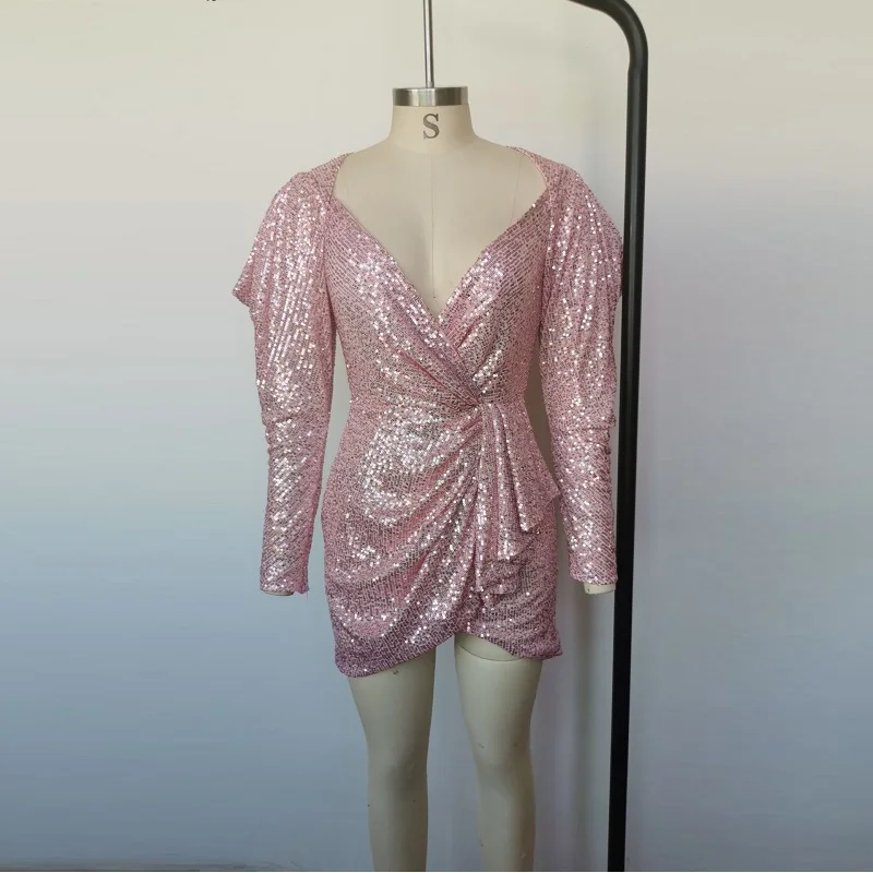 Pink Fashion Sequined Wrap Dress New Design Sexy V Neck Chic Ruched Long Sleeve Autumn Women Mini Party Bodycon Vestidos