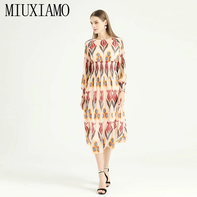 MIUXIMAO высококачественный ремешок для часов, взлетно-посадочной полосы Дизайн Весна платье Цветочный принт длинный рукав Элегантное Длинное Платье Для женщин Vestidos
