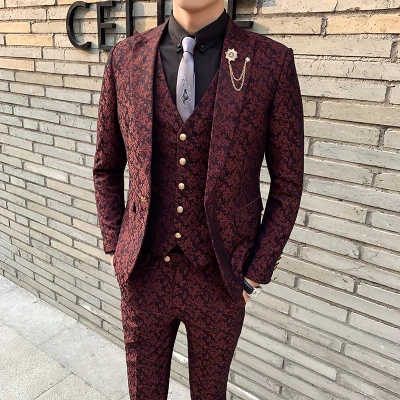 

3 Pieces Mens Suit With Pants Teros Wedding Prom Suits for Men Red Blue Floral Jacquard Slim Fit Tuxedo 2020 Garnitur Meski