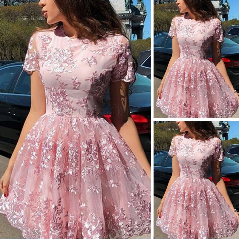 Розовые женские платья, сексуальные, круглый воротник, короткий рукав, кружево, милые, тонкие, для девушек, для женщин, ТРАПЕЦИЕВИДНОЕ, свободное платье, мини, Короткие вечерние платья, vestido