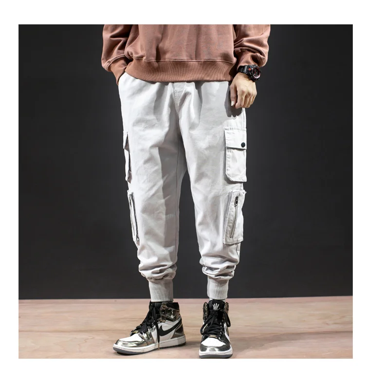 Men's Cargo Pants Cotton Comfortable Drawstring Multi-pocket Joggers Trousers Solid color Beam Foot Cargo Pants Men Autumn