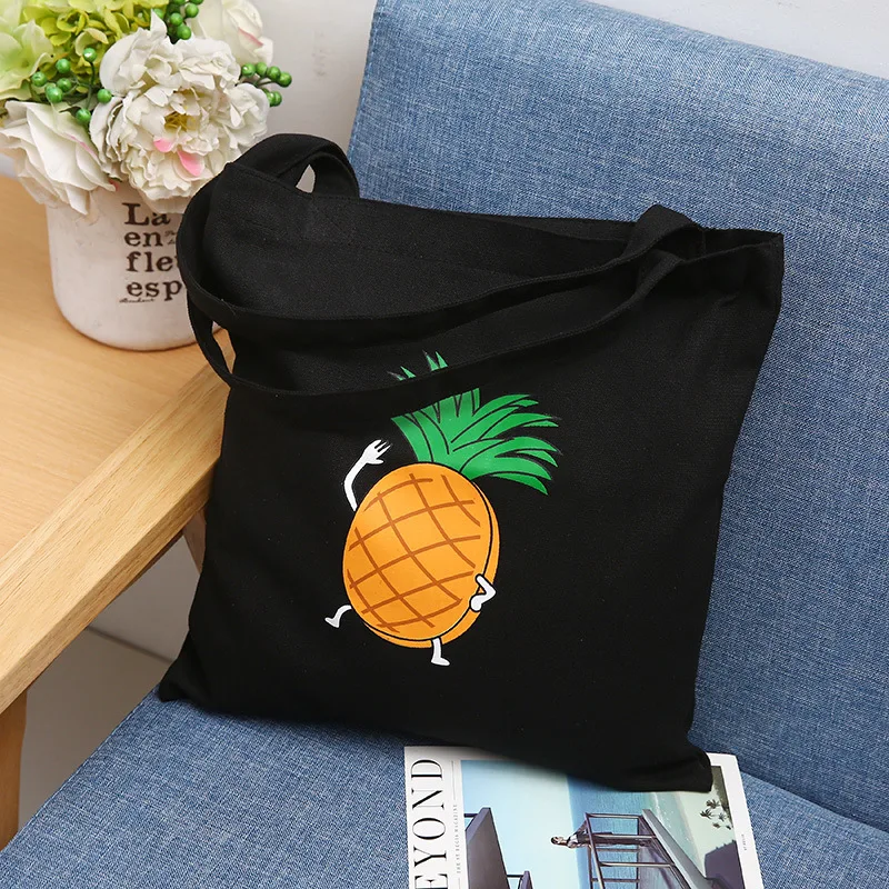 Большая вместительная Холщовая Сумка-тоут, хлопковая холщовая многоразовая сумка для покупок, женские пляжные сумки, сумки для покупок с фруктовым принтом - Цвет: pineapple black