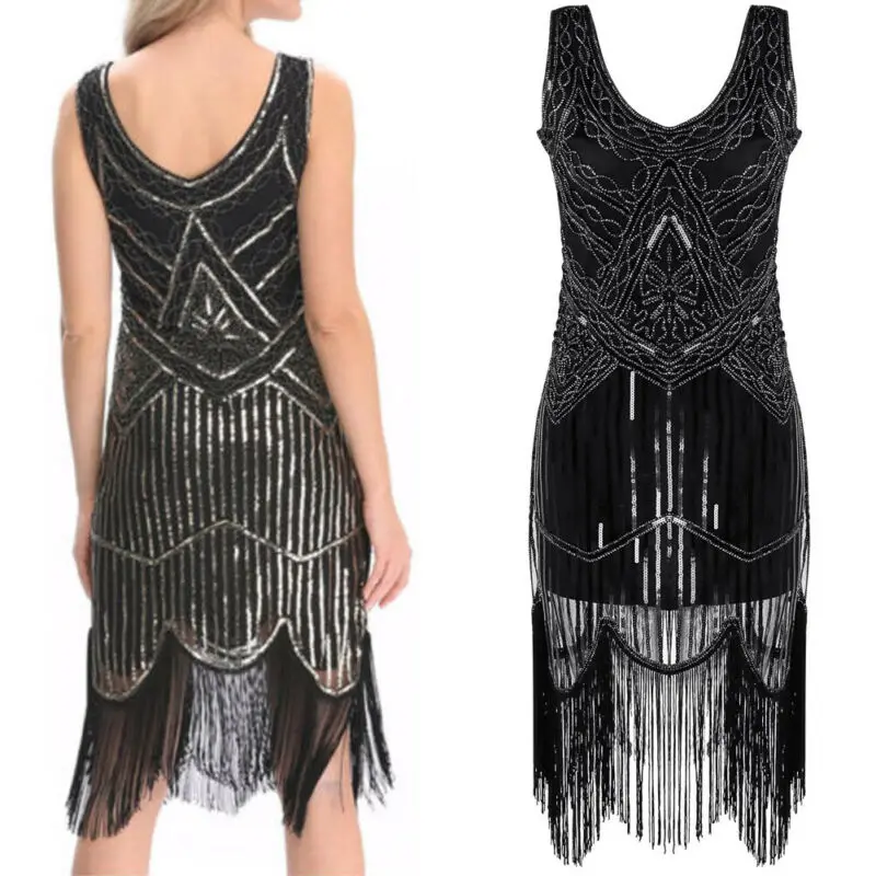 

Retro Women V Neck Flapper Dress Tassel Sequin Fringed Vintage Gatsby Party Dress