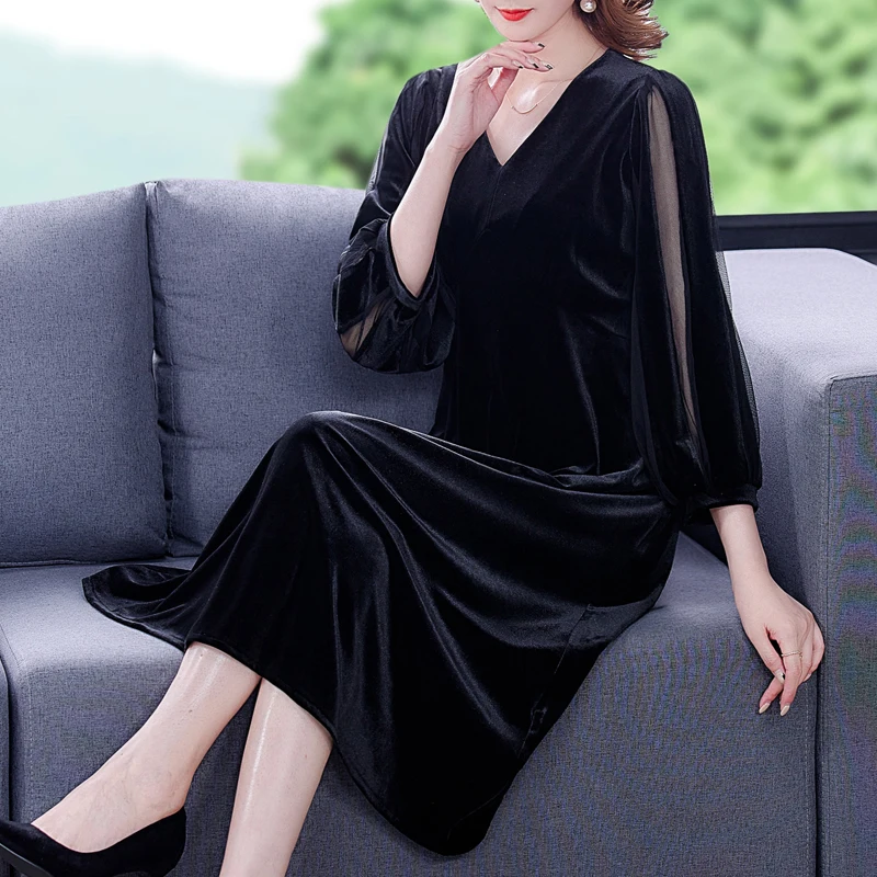 

Plus Size Women Dress M-4XL New Autumn Winter Loose Fashion Woman Long Maxi V-neck Clothes Elegant Robe Luxurious Velvet Dresses