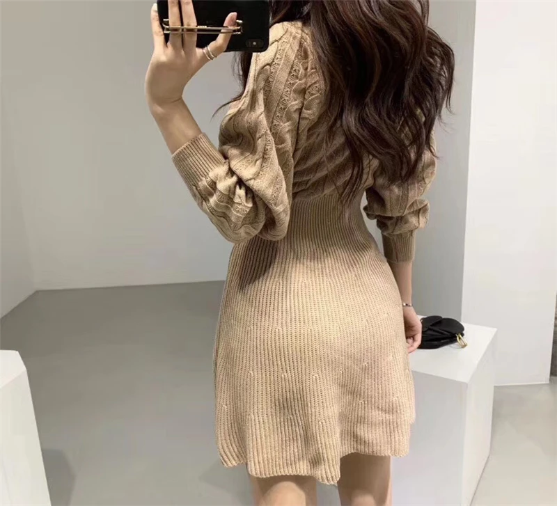 Fashion Autumn Winter Knitted Dress Women Twist Pattern Pleated Dress Elegant Solid Lantern Sleeve Tunic Sweater Dress Vestidos