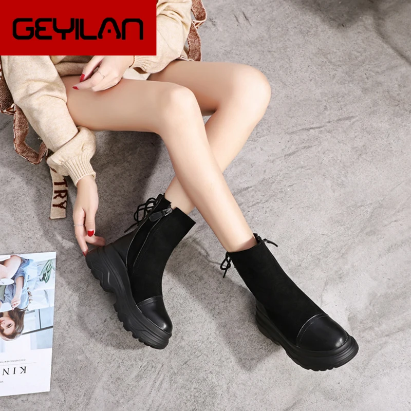 

SWYIVY Martin Boots Ladies Microfiber Wedge Shoes Woman 2019 New Women's Winter Shoes Casual Ankle Boots For Women Zip Platform