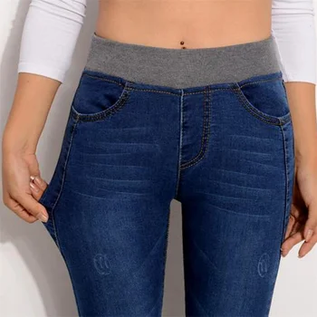 

Spring Jeans Women Casual Pants High Waist Jeans Elastic Waist Pencil Pants Fashion Blue Denim Trousers Plus Size 40