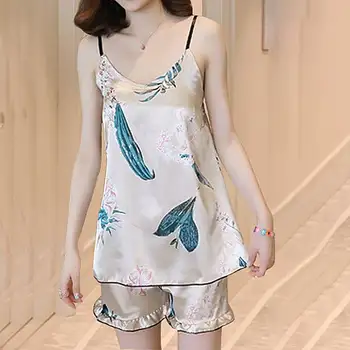 

Women Plus Size Pajama Shorts Sets 2020 Printed Sleepwear Sexy Sleeveless Strap Casual Satin Nightwear Sleepwear Set Hot Sale