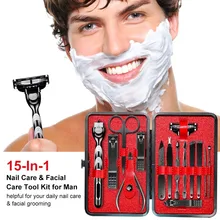 15 в 1 Набор для педикюра и маникюра, кусачки для ногтей, пилка, триммер для бороды, инструменты для бритья, набор для путешествий и ухода, инструмент для дизайна ногтей с полиуретановой сумкой