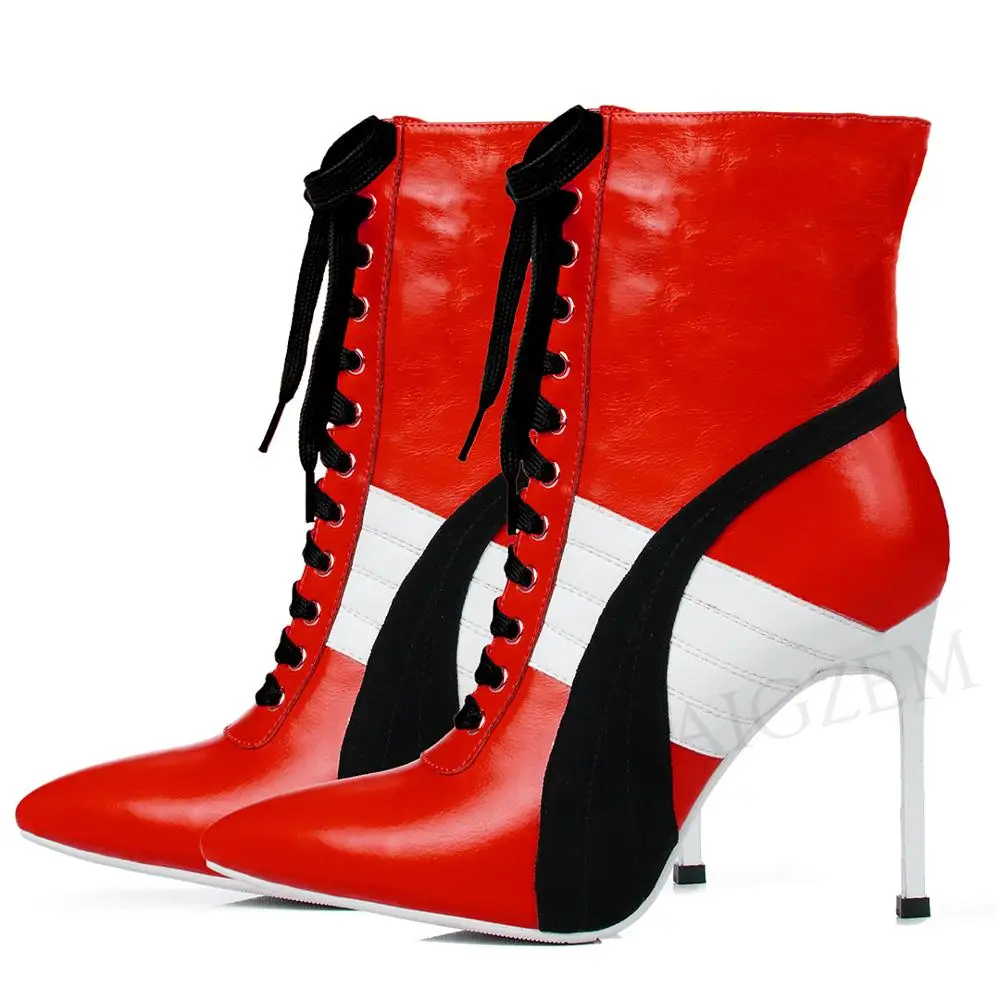 

LAIGZEM Women Ankle Boots Stiletto Heels Lace Up Short Booties FASHION 2020 Ladies Shoes Botines Botas Mujer Large Size 34-47