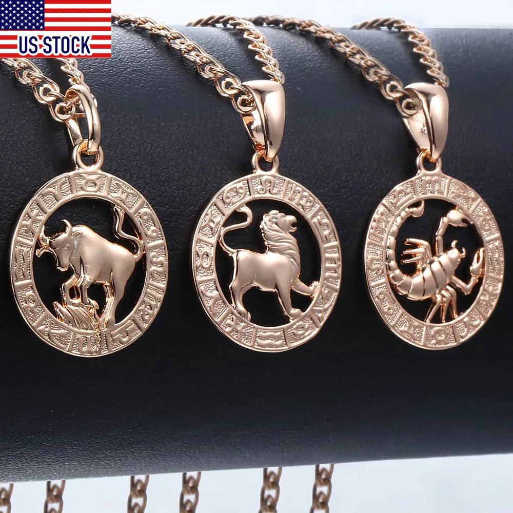 Davieslee 12 Zodiac Sign Constellation Pendant Necklace For Women Men Rose Gold Filled Round Shaped DGPM16 | Украшения и