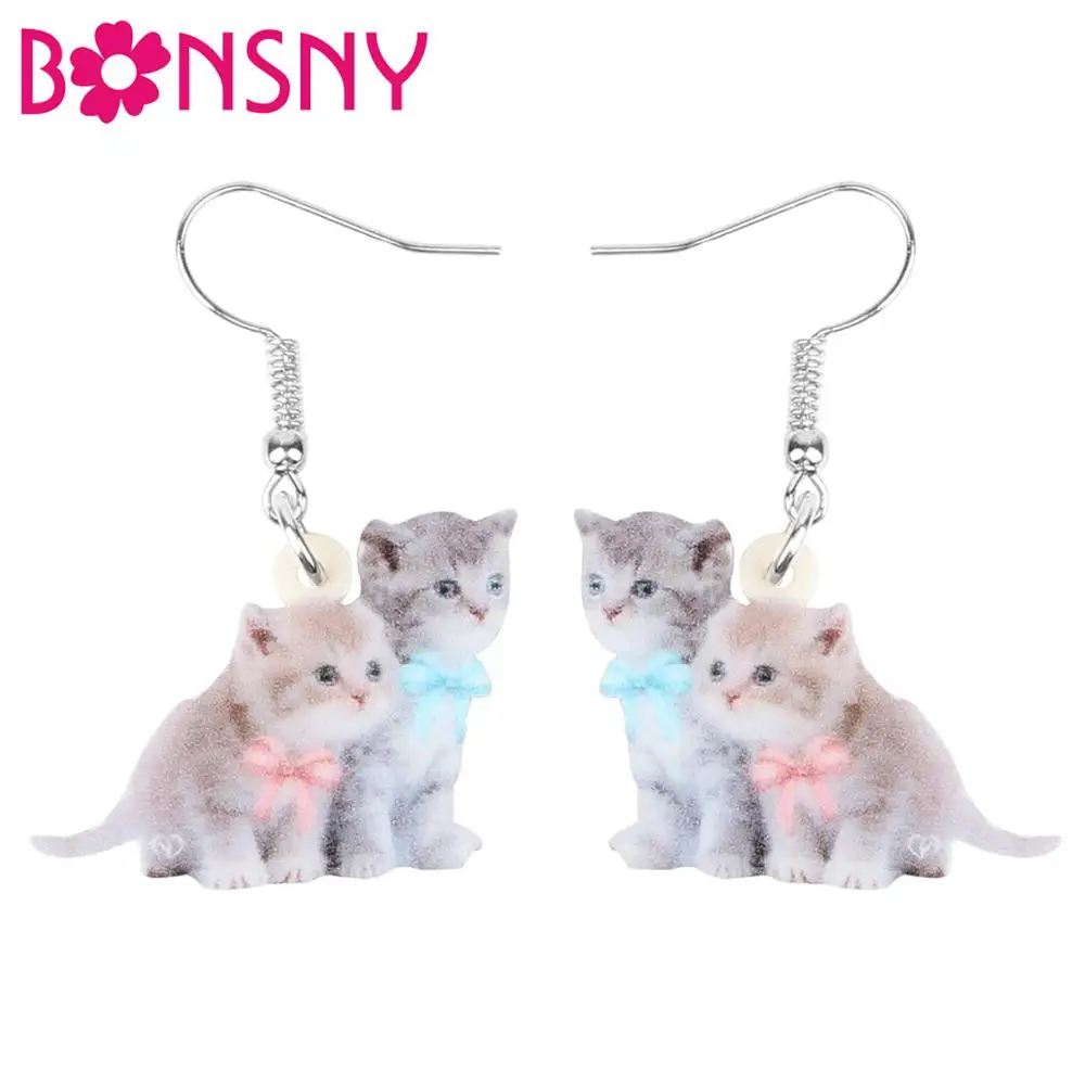 Bonsny Acrylic Double Bow-knot Cat Kitten Earrings Drop Dangle Animal Jewelry For Women Girls Teen Kid Decoration Gift Accessory | Украшения