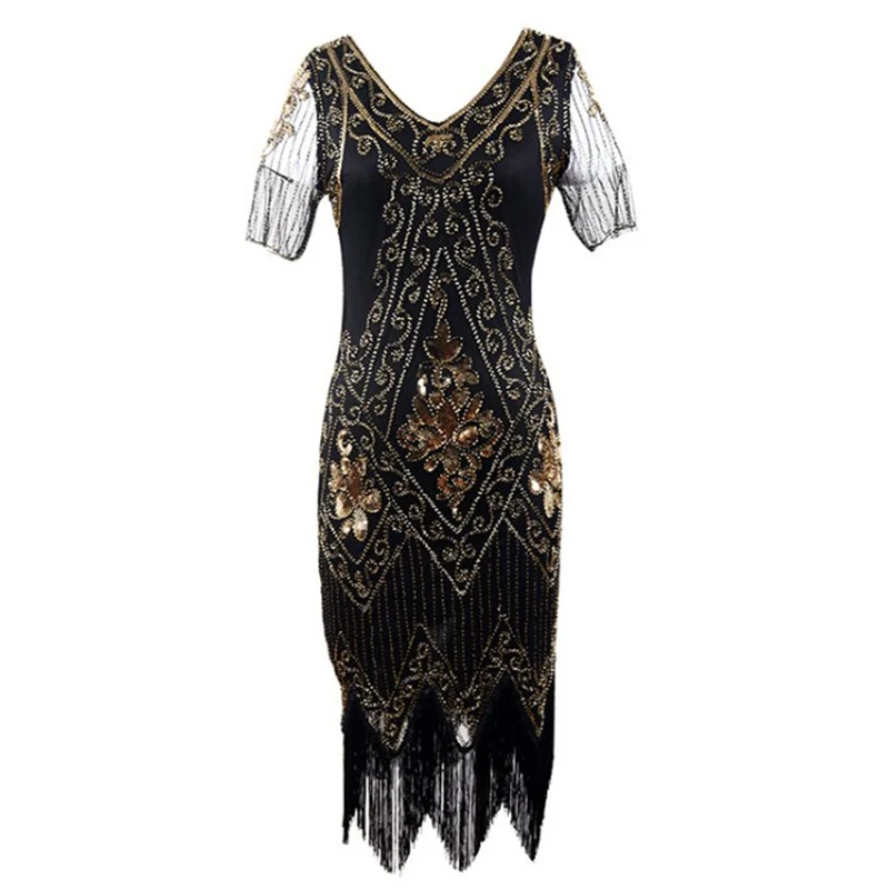 

Women Fashion Retro Sexy Slim Deep V-neck Short Sleeves Sequin Decoration Banquet Party Stage Performance Dress
