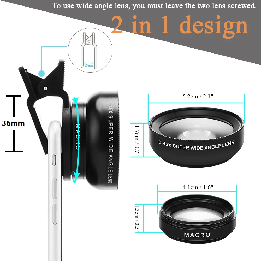 cell phone lens TOKOHANSUN HD 37MM 0.45x Super Wide Angle Lens with 12.5x Super Macro Lens for iPhone 6 Plus 5S Samsung S8 Camera lens Kit phone camera lens