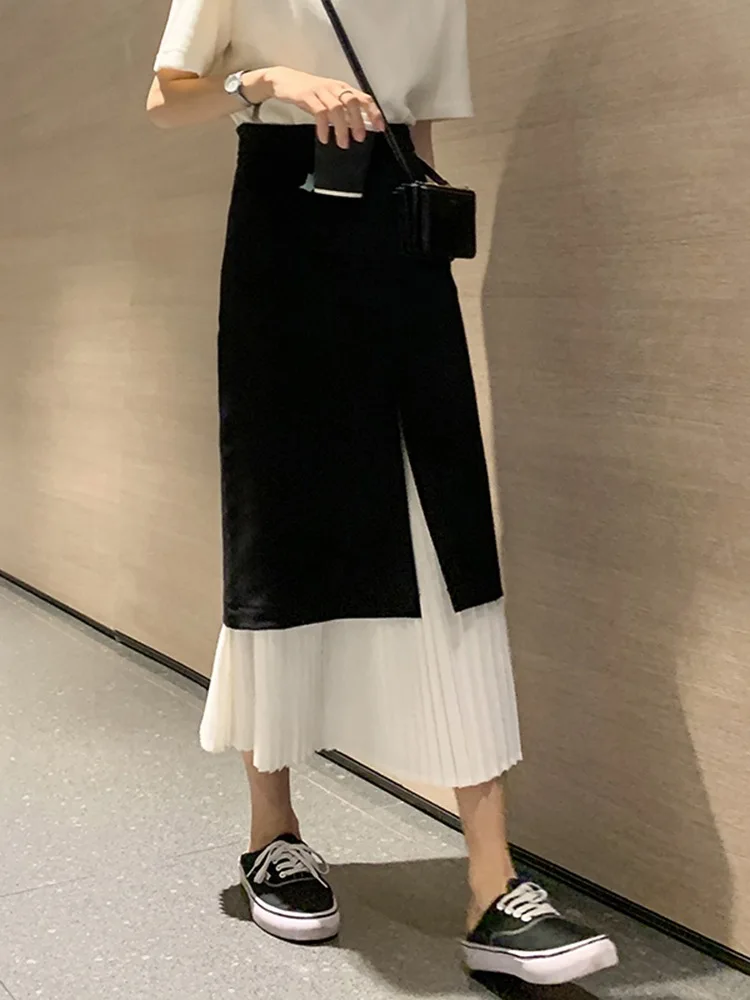 

Chiffon Pleated Joint Slit Skirt Women's 2019 Spring New Style Versatile High-waisted Mid-length A- line Skirt