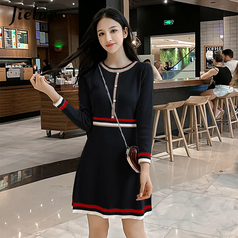 

Jielur Knitted Dresses Hit Color Long Sleeves Sweet Charming Vestido De Festa Elegant Skinny Sweater Dress Autumn Winter Fashion