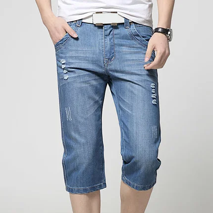 light blue3311 Повседневные джинсовые шорты мужские до колена прямые однотонные синие джинсовые шорты мужские летние мягкие свободные карманы внизу размера плюс 28-44 A5334 - Цвет: light blue3311