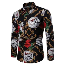 Estilo de moda chique do feriado dos homens ajuste fino camisas ocasionais blusas de manga longa camisa floral topos botão acima blusa de festa outono