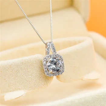

Dainty Female White Crystal Pendant Necklace Cute Sterling Silver Chain Necklaces For Women Charm Square Hollow Wedding Necklace