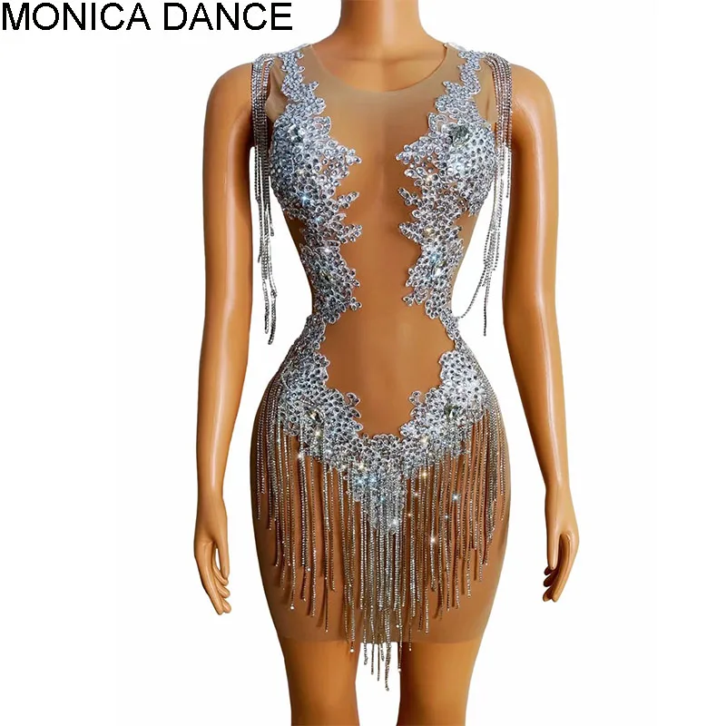 

Женское сексуальное блестящее Серебряное платье стразы на цепочке Прозрачное платье на день рождения выпускного вечера празднование Дня Рождения платье для бара вечернее платье певицы