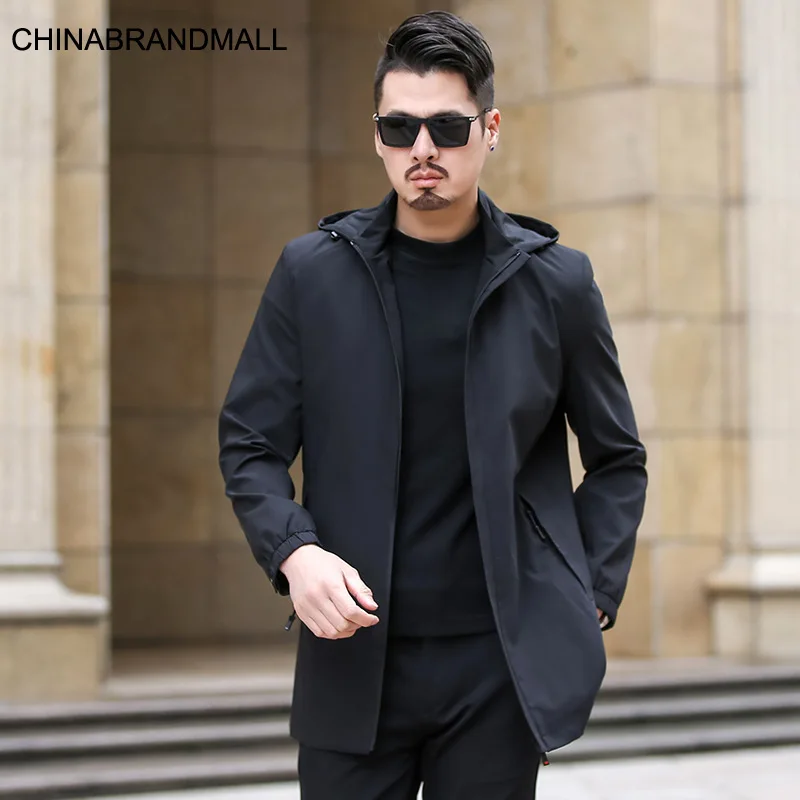 

Season Coat Male Thin Section With Cap Medium Length Money Windbreaker Plus Fat Plus Can Detachment Cap Big Size Jacket