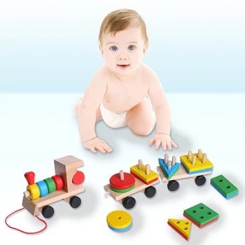

Hot Sale in 2018 Kids Baby Developmental Toys Wooden Train Truck Set Geometric Blocks Wonderful Gift Toy Drop Shipping