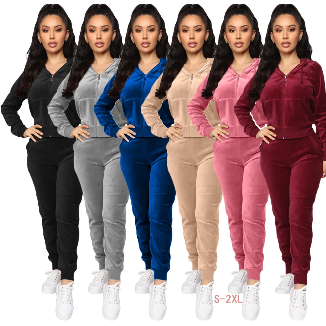 Autumn and winter women's super long hooded suit 80% cotton fleece velvet hooded zipper sweater two-piece elastic waist trousers skinny jeans for women pencil pants super stretch denim trousers sexy slim fashion waist casual pants spring autumn streetwear