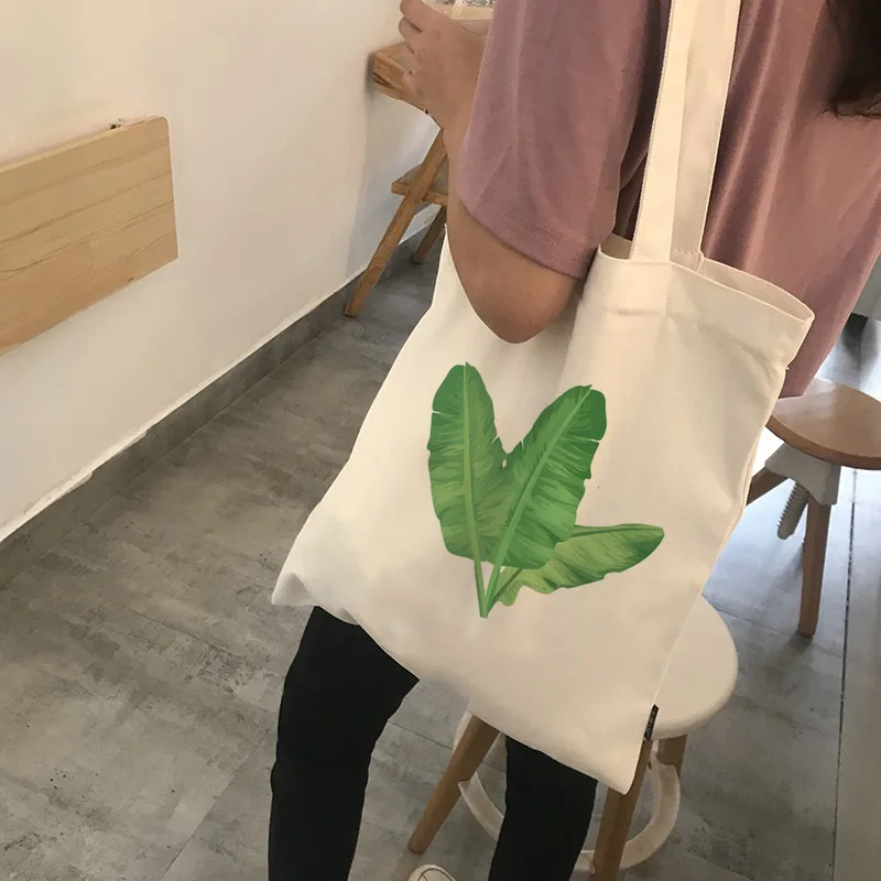 

Women Canvas Shoulder Bags Female Eco Cloth Handbag Tote Grocery Reusable Foldable Banana Leaf Cartoon Printed Shopping Bags