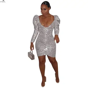 

Bodycon Dress Women Full Sleeve V-neck Mini Dress Sequined Sexy Casual Club Night Party Bandage Dress Long Sleeve Womens Dresses