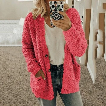 

Warm Cardigan Female Autumn Long Sleeve Knitwear Cardigan Women Knitted Sweater Pocket Design Soild Color Female Jumper Coat