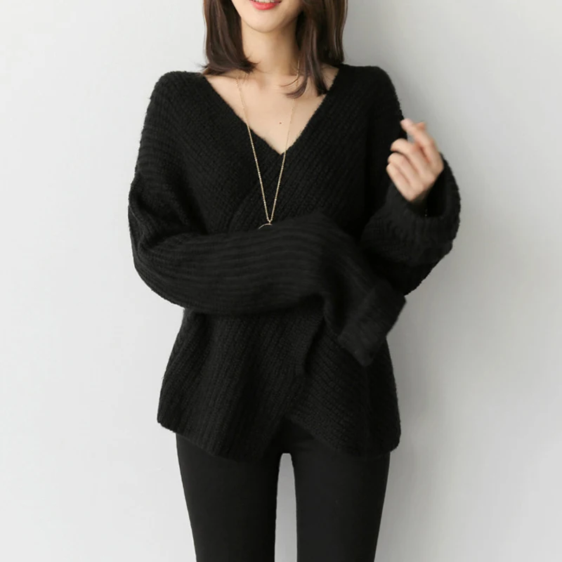 BGTEEVER элегантный свободный женский свитер осень зима v-образный вырез женский вязаный пуловер Повседневный свитер неравномерной длины Джемперы femme - Цвет: black