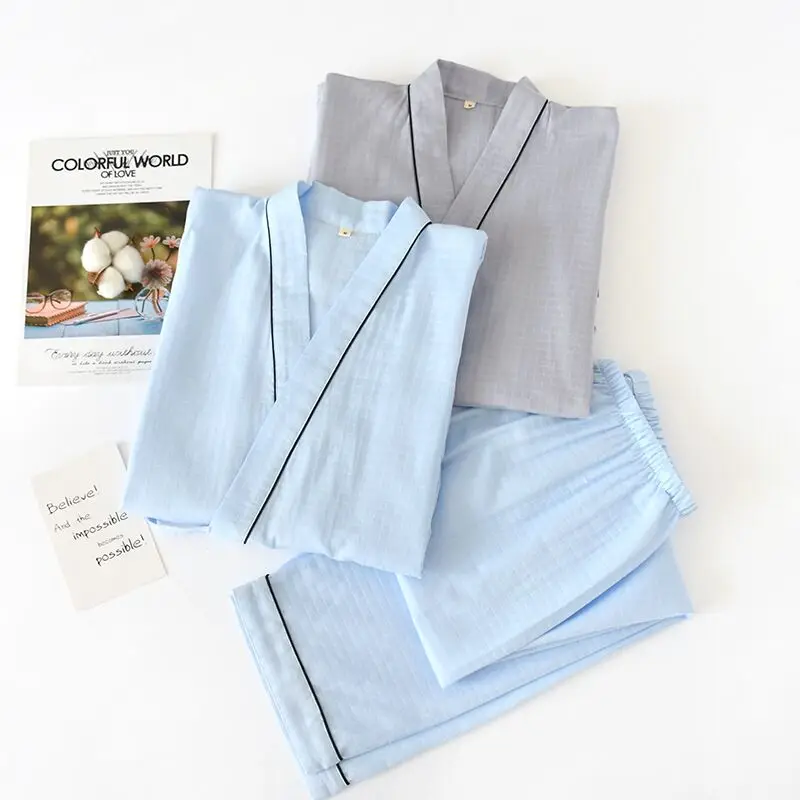 Japanese Mens Kimono Pajamas Suits Male Robe Gown 2Pcs/Set Bathrobe Sleepwear Loose Man 100% Cotton Comfortable Pajamas Hombre Japanese Mens Kimono Pajamas Suits Male Robe Gown 2Pcs/Set Bathrobe Sleepwear Loose Man 100% Cotton Comfortable Pajamas Hombre