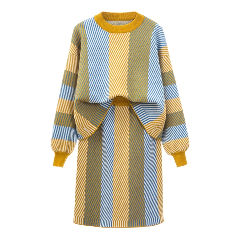 Женский осенне-зимний свитер большого размера в полоску, модный костюм для похудения, воздушная вязаная сумка, юбка на бедрах, комплект из двух предметов - Цвет: Цвет: желтый