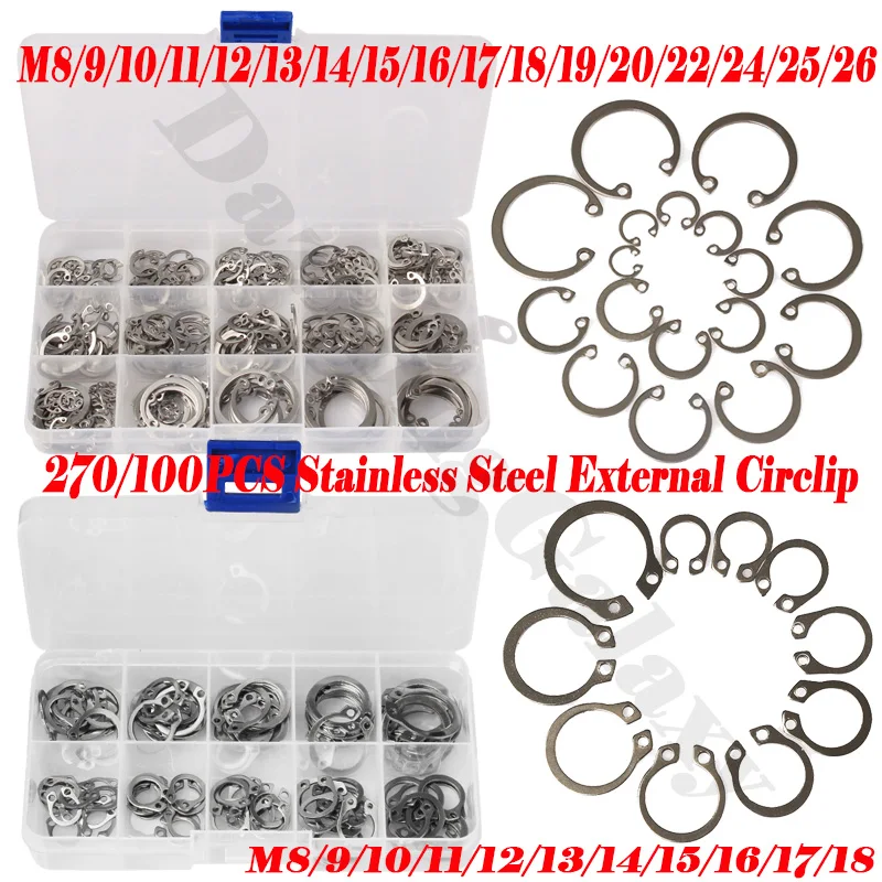 270/100PCS Silver 304 Stainless Steel External Circlip Retaining Ring Assortment Kit With box