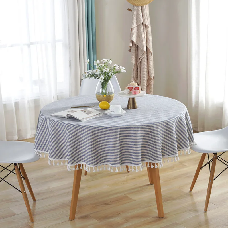 

Striped Round Tablecloth Tassel Tea Table Cover Picnic Cloth Blue Background Cloth Pink Table Decor Waterproof Oilproof