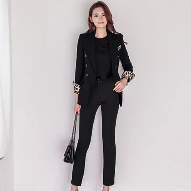 

High Quality Women Suit 2 Pieces Set Fashion Leopard Splicing Double-breasted Suit Jacket+Slimming Long Pants Blazer Suits Suit