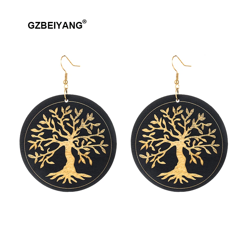 

GZBEIYANG Vintage Wooden Earrings for Women Girls Ethnic Carving Tree of Life Pendant Earrings 2019 Fashion Jewelry Gifts