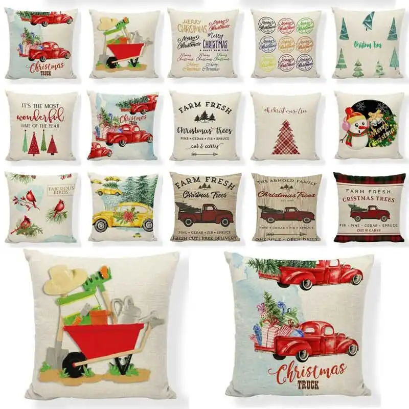 

Christmas Tree Pillowcase Red Farm Truck Linen Cushion Cover Throw Pillow Case Happy Camper