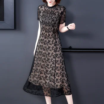 

2020 Vintage Black Silk Embroidery Dress Spring Summer 3XL Plus Size Solid Runway Maxi Dress Elegant Women Bodycon Party Vestido