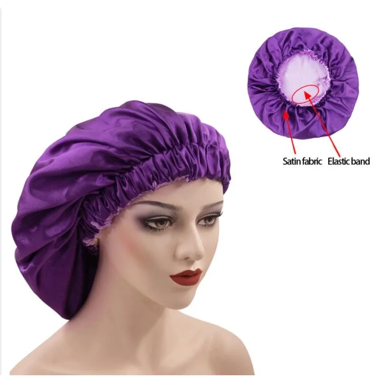 Solid Color Reversible Silky Satin Bonnet Double Layer Sleep Night Cap Head Cover Bonnet Hat Curly Springy Hair Black sleeping bonnet caps