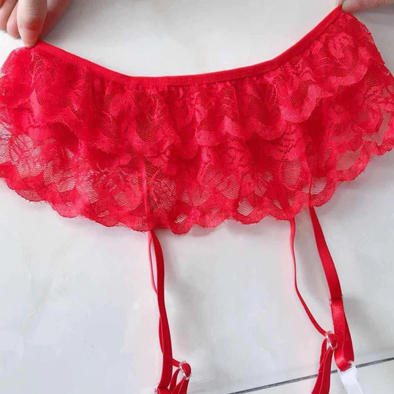 red Горячее предложение, Модные женские сексуальные двухслойные кружевные чулки до бедра+ пояс с подвязками, прозрачный кружевной цветочный длинный комплект - Цвет: red
