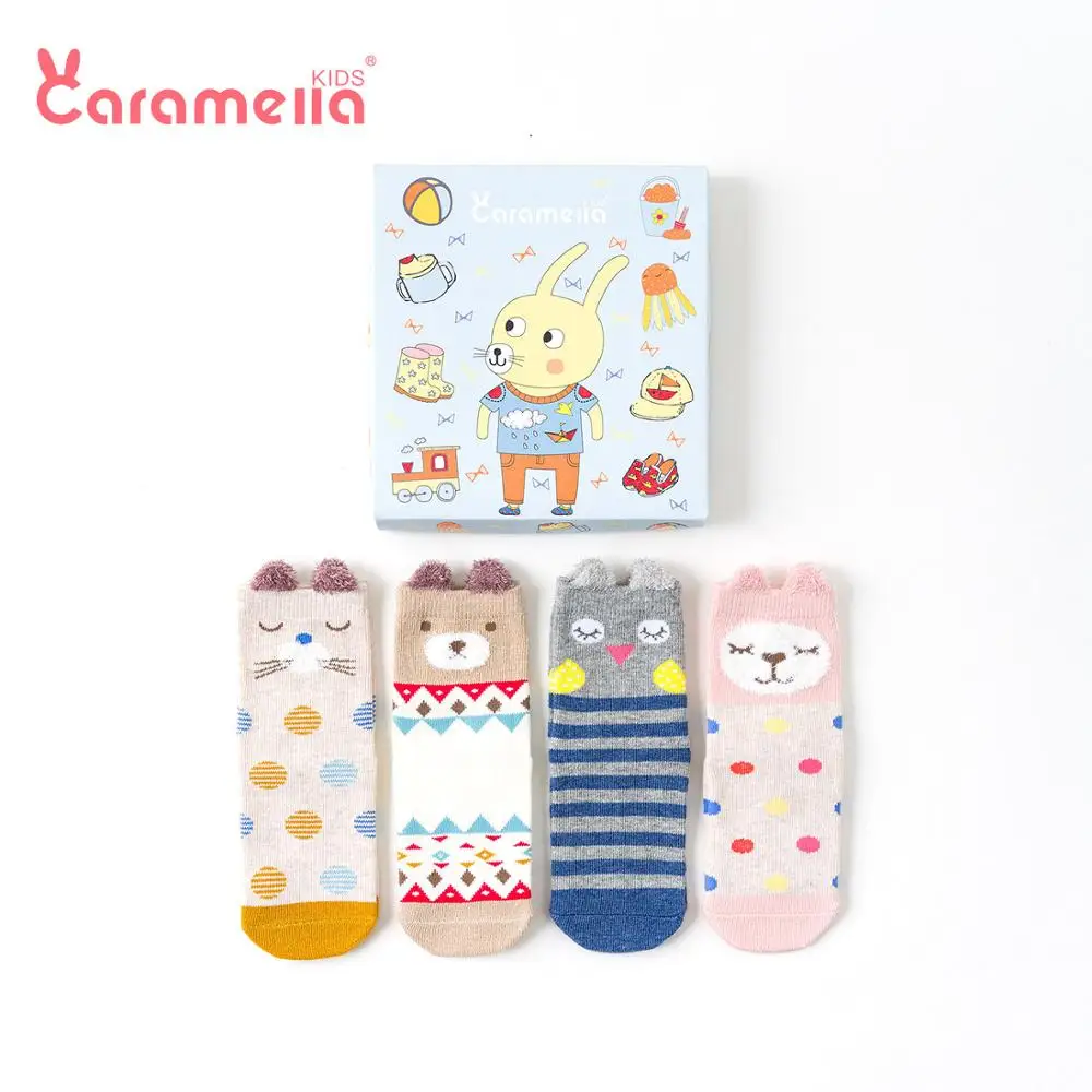 Caramella/4 пары зимних носков для малышей с героями мультфильмов Harajuku/носки для малышей с объемными ушками чулочно-носочные изделия унисекс, От 0 до 12 лет, посылка в подарочной коробке